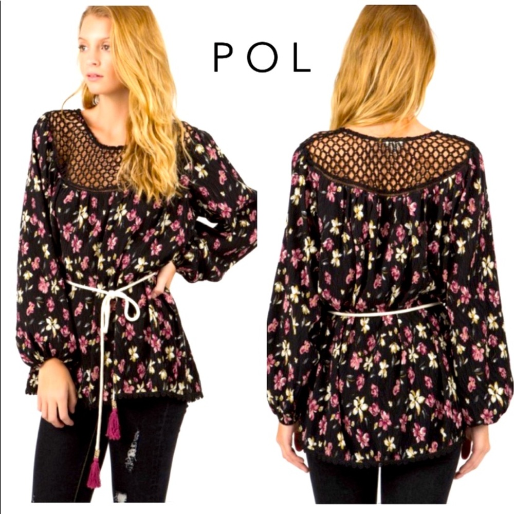 NEW POL Floral Tunic with Crochet Lace & Crinkle Fabric belt included